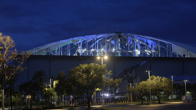 The roof of Tropicana Field, home of the Tampa Bay Rays, suffered extensive damage due to high winds associated with Hurricane Milton on October 10, 2024 in St. Petersburg, Florida.