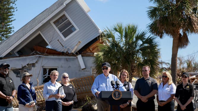 ST PETE BEACH, FLORIDA - OCTOBER 13: U.S. President Joe Biden speaks to the media after a tour of the damage caused by Hurricane Milton on October 13, 2024 in St Pete Beach, Florida. Biden visited the area as it deals with back-to-back hurricanes that have caused extensive damage. (Photo by Joe Raedle/Getty Images)