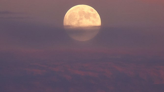 The Hunter's Supermoon rises on October 16, 2024 near Lancaster, California.