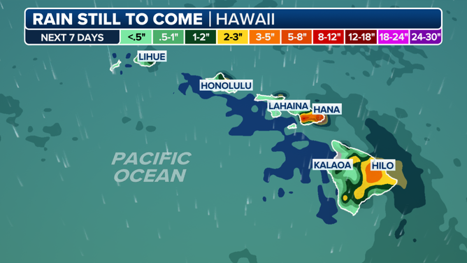 This graphic shows the forecast rain totals in Hawaii over the next seven days.