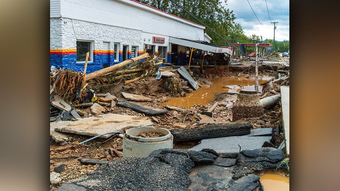 Aftermath of Hurricane Helene flooding in Asheville, North Carolina.