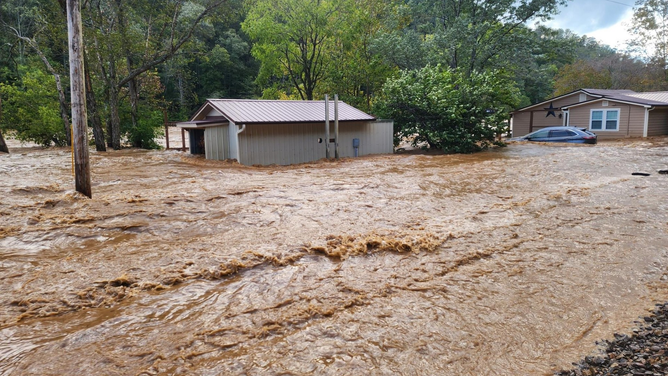 Flooding along the French Broad River after Hurricane Helene.