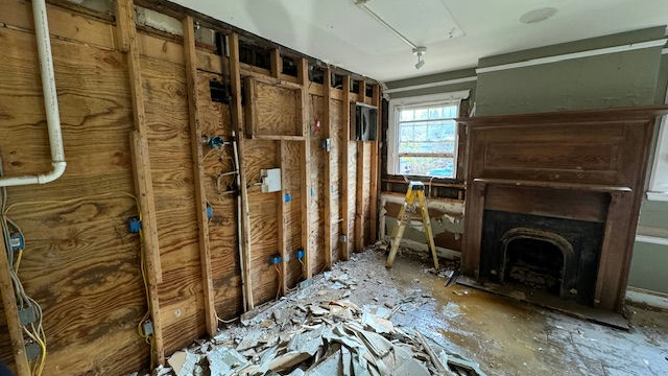 Damage caused by Hurricane Helene's flooding in western North Carolina is seen at the Corner Kitchen restaurant in Asheville, North Carolina.