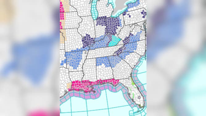 Weather alert map showing Freeze Watches and Warnings issued for states around Tennessee