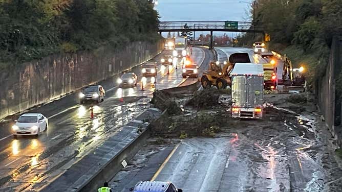 Landslide debris on Interstate 5 near Bellingham, Washington on Oct. 27, 2024.