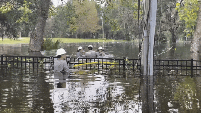 The Withlacoochee River Electric Cooperative shared the grueling conditions their linemen were enduring Tuesday to restore power in Brooksville, Florida, following Hurricane Milton.