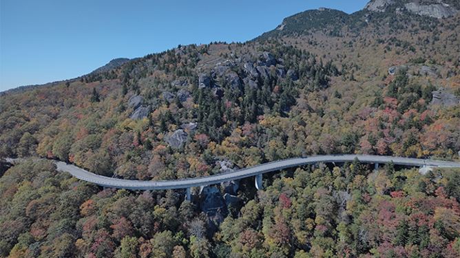 Inspections revealed that the Linn Cove Viaduct was undamaged by Hurricane Helene. This photo was taken by licensed pilots flying an inspection of the Viaduct.