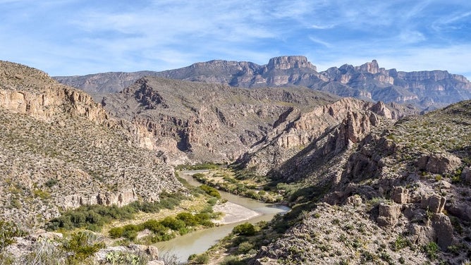 View of rugged limestone cliffs and the Rio Grande along the Marufo Vega Trail. The Marufo Vega Trail is one of the most rugged locations in Big Bend National Park.