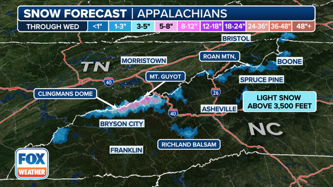 This graphic shows the forecast snow totals in North Carolina and Tennessee.