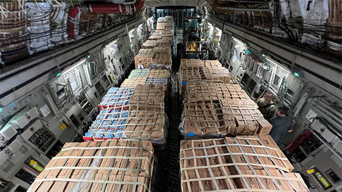 North Carolina Air National Guard hauls over 100,000 pounds of supplies from the Federal Emergency Management Agency in a C17 to Western North Carolina as a part of Tropical Storm Helene support. (U.S. Air National Guard photo by Maj. Monica Ebert)