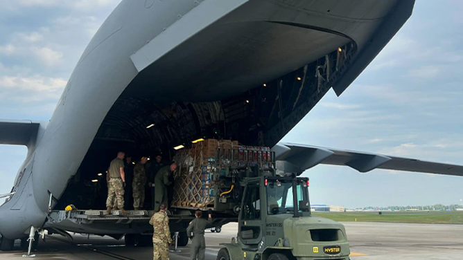 North Carolina Air National Guard hauls over 100,000 pounds of supplies from the Federal Emergency Management Agency in a C17 to Western North Carolina as a part of Tropical Storm Helene support. (U.S. Air National Guard photo by Maj. Monica Ebert)