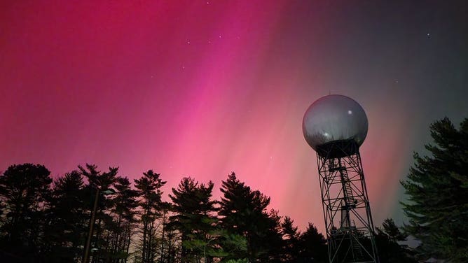 A view of the Northern Lights from the New York National Weather Service Office, taken on October 10, 2024, during a severe geomagnetic storm (G4).