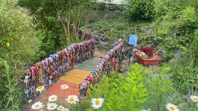 ヘレンの目の前にある虹の橋。背景にあるブロード川に注目してください。