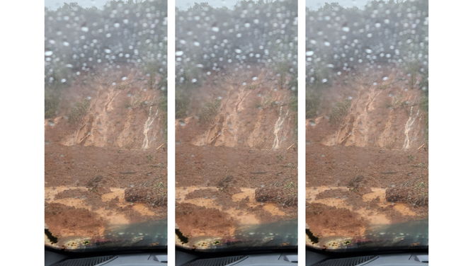 A triptych of Keys's view over the dashboard seconds after the mudslide.