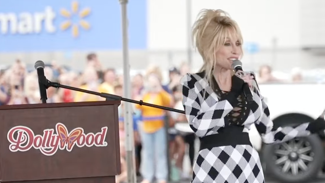 Dolly Parton in Newport, Tennessee, announcing donations for Helene victims.