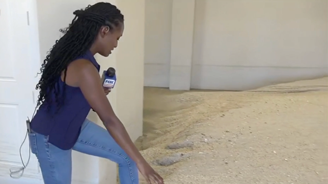 Campbell walks on a pile of sand inside a house in Bonita Springs.