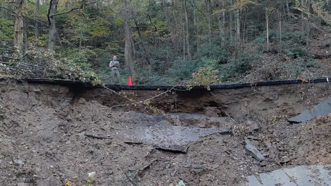 Road washout from Helene flooding on the Blue Ridge Parkway at milepost 345.