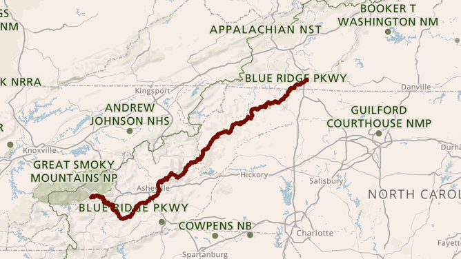 A map showing closures along Blue Ridge Parkway as of Oct. 15, 2024.