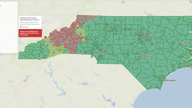 A map of closures and open areas in North Carolina after Hurricane Helene in October 2024.