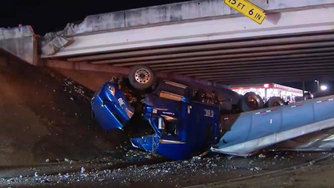 Semitruck after crash during heavy rain in Fort Worth, Texas, on Thursday.