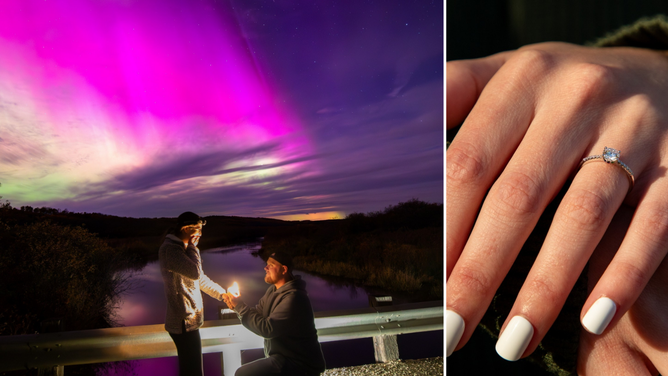 À gauche : Justin Anderson propose à Jenn Sutherland à Minnedosa au Manitoba, au Canada, sous les aurores boréales. À droite : la bague de fiançailles comportant trois pierres précieuses conçues pour ressembler aux couleurs des aurores boréales. 