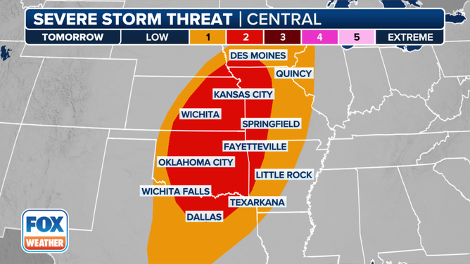 This graphic shows the severe weather threat on Wednesday, Oct. 30, 2024.