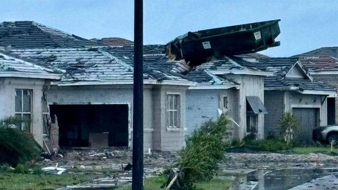 Possible tornado damage in West Palm, Florida, after Hurricane Milton's outer bands triggered a tornado outbreak on October 9, 2024.