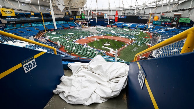Photo of Tropicana Field after being severely damaged by Hurricane Milton in St. Petersburg, Fla. on October 16, 2024.