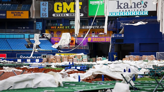 Photo of Tropicana Field after being severely damaged by Hurricane Milton in St. Petersburg, Fla. on October 16, 2024.