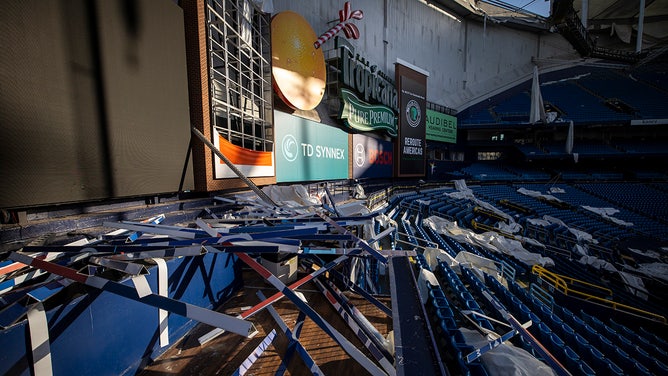 Photo of Tropicana Field after being severely damaged by Hurricane Milton in St. Petersburg, Fla. on October 16, 2024.