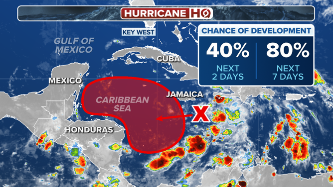 This graphic shows the development chances for a disturbance in the Caribbean Sea on Tuesday, Nov. 12, 2024.