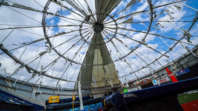 Photo of Tropicana Field after being severely damaged by Hurricane Milton in St. Petersburg, Fla. on October 16, 2024.