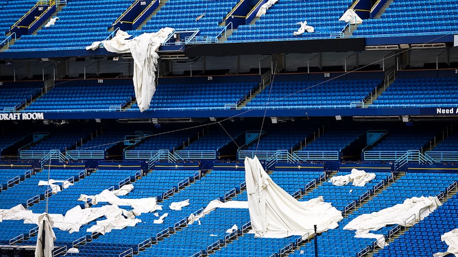 Photo of Tropicana Field after being severely damaged by Hurricane Milton in St. Petersburg, Fla. on October 16, 2024.