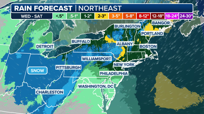 This graphic shows the forecast rain totals in the Northeast and mid-Atlantic.