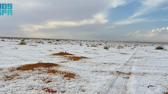 Hail coated the ground in northern Saudi Arabia on Nov. 2, 2024.