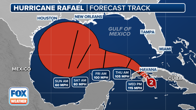 This graphic shows the forecast cone for Hurricane Rafael.