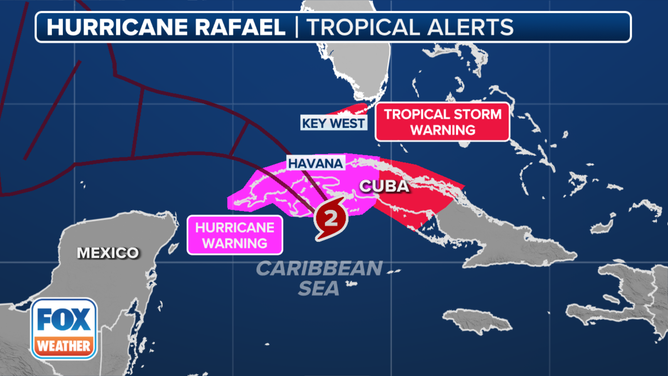 This graphic shows the current watches and warnings due to Hurricane Rafael.