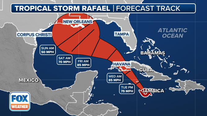 The forecast cone for Tropical Storm Rafael.