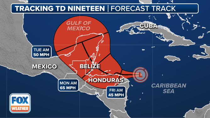 This graphic shows the forecast track for Tropical Depression Nineteen.