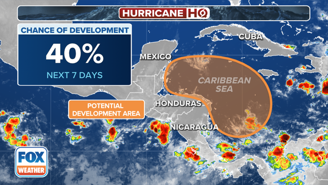 This graphic shows an area of disturbed weather being monitored by the National Hurricane Center for possible tropical development.