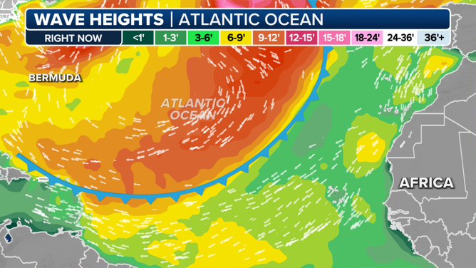 FOX Forecast Center graphic shows wave height in the Atlantic Ocean where the Explorer of the Seas cruise ship is sailing this week.