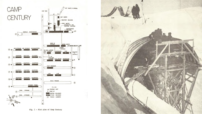 On left, a map of Camp Century. On right, a photo of construction of a 100 foot arch erection extension to the main plant tunnel taken at Camp Century in May 1960.