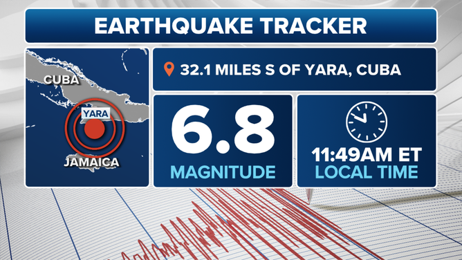 This graphic shows details of an earthquake in Cuba on Sunday, Nov. 10, 2024.