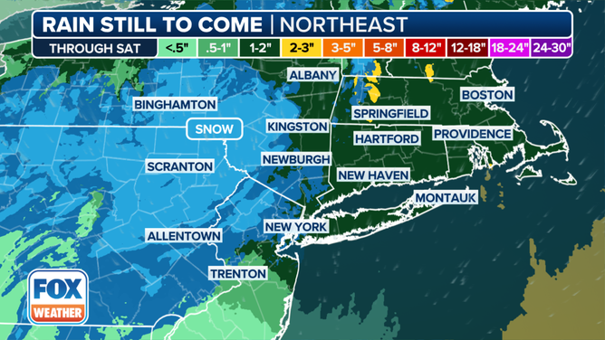 This graphic shows the forecast rain totals in the Northeast.