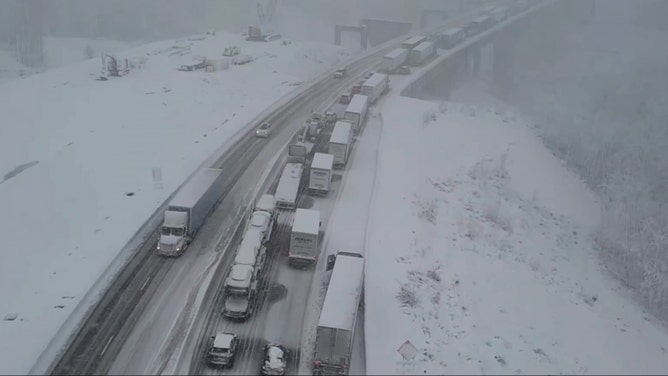 Interstate 84 near Dunmore, Pennsylvania, is currently experiencing severe traffic delays due to heavy snowfall Friday. The affected area is approximately 2 miles northeast of Scranton. FOX Weather Storm Tracker Brandon Copic is on the scene reporting nearly a foot of snow accumulation in the northeast and northwest regions of Dunmore.