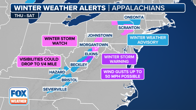 This graphic shows winter weather alerts in effect in the Northeast and mid-Atlantic.