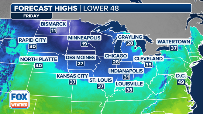 This graphic shows the forecast high temperatures on Friday, Nov. 29, 2024.