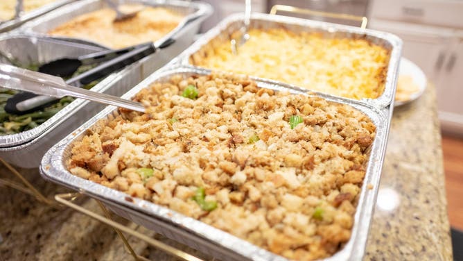 Stuffing in steam tray during the preparation of a traditional American Thanksgiving holiday meal, San Ramon, California, November 23, 2019.