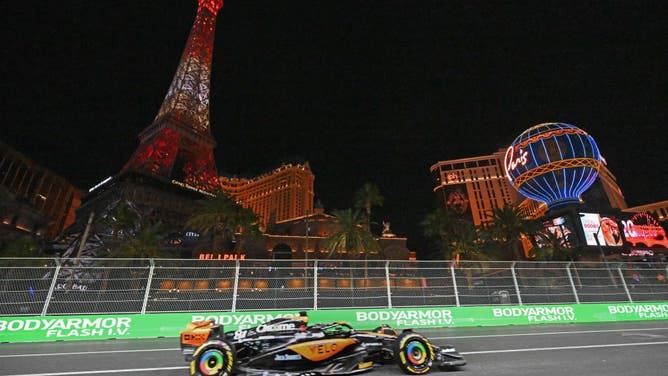 McLaren's Australian driver Oscar Piastri races during the third practice session for the Las Vegas Formula One Grand Prix on November 17, 2023, in Las Vegas, Nevada.