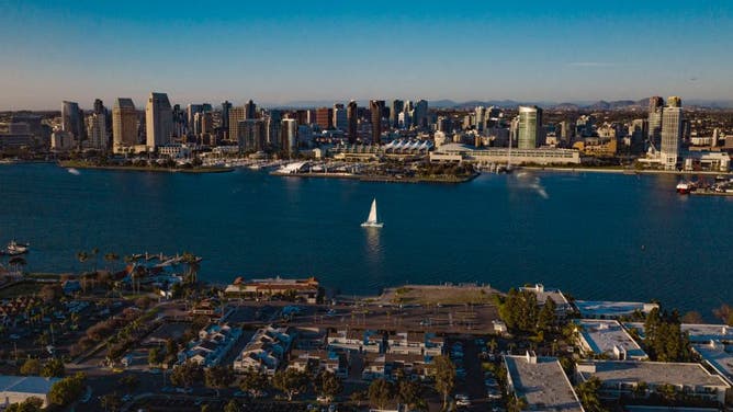 Aerial view of San Diego Skyline harbor of California city on ocean bay, California